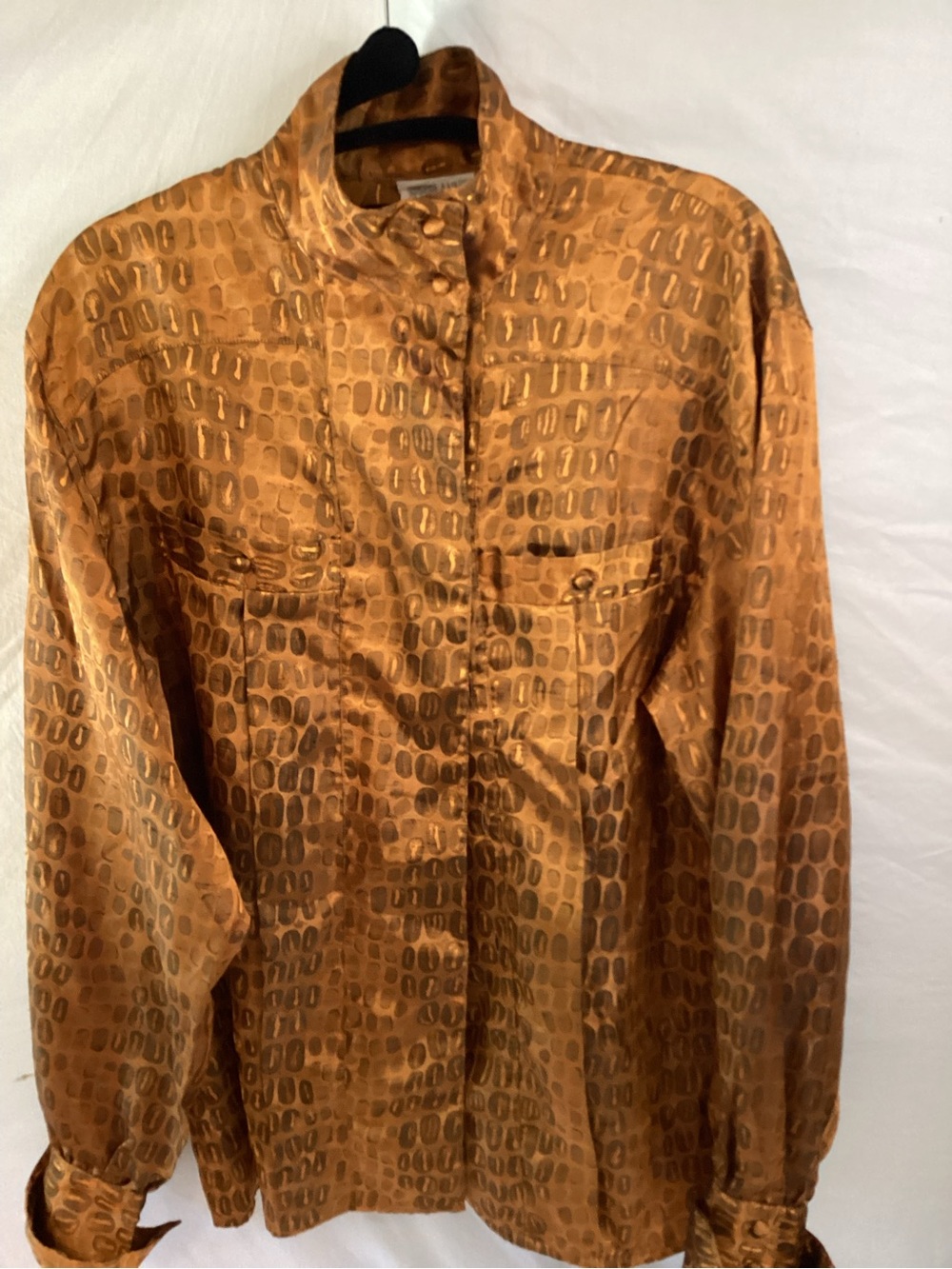 Vintage Anne Klein Metallic Bronze Patterned Button-Front Blouse, Size 12